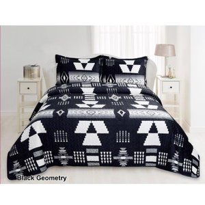 Geometric Print Bedding Set Queen & King Quilt Bedspreads Velvet Black & White